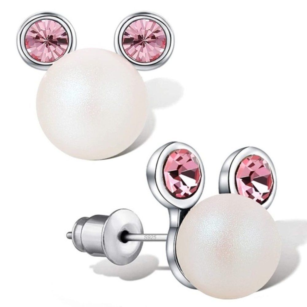.925 Sterling Silver with White Swarovski Pearl & Crystal Mickey Mouse Earrings